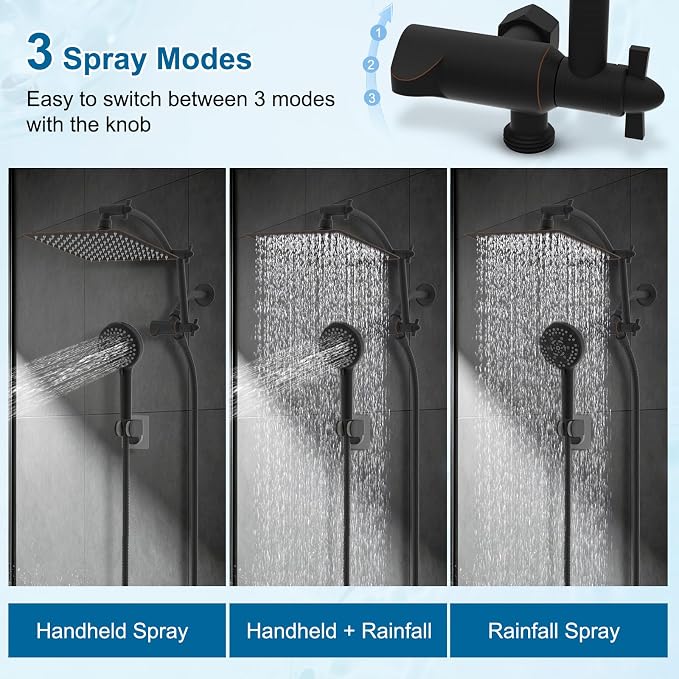 Hibbent Metal 10" High Pressure Rain Shower Head Combo, Oil-Rubbed Bronze | cUPC Certified Rainfall Shower Head with handheld 10 Sprays, 16'' Adjustable Extension Arm, 71'' Hose, Showerhead Holder