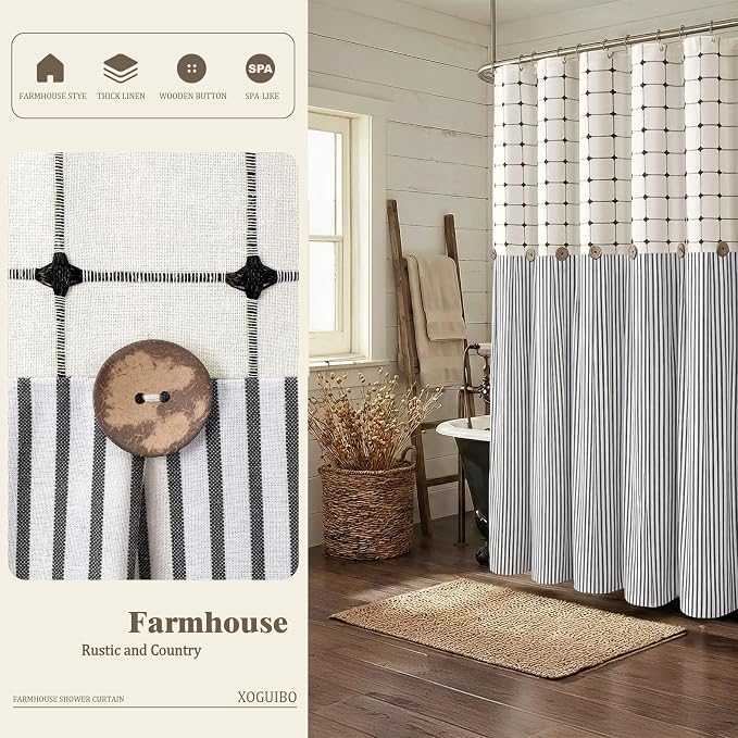 Farmhouse Shower Curtain Button Plaid-Cream-Black Stripe 72"W x 72"L | Farmhouse Style, Chic Button, Striped, Linen Fabric, Rustic, Country, Natural Look, Washable, for Bathroom Bathtub