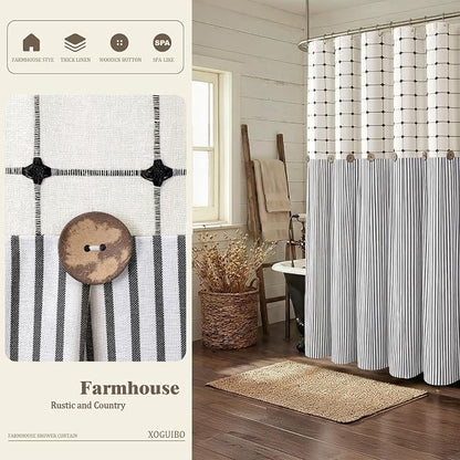 Farmhouse Shower Curtain Button Plaid-Cream-Black Stripe 72"W x 72"L | Farmhouse Style, Chic Button, Striped, Linen Fabric, Rustic, Country, Natural Look, Washable, for Bathroom Bathtub