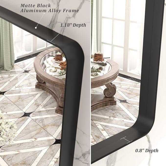 48x36 Inch Matte Black Bathroom Mirror for Wall | Metal Framed, Modern Rectangle Bathroom Vanity Mirror, Rounded Corner, Anti-rust, Shatter-Proof (Horizontal/ Vertical)
