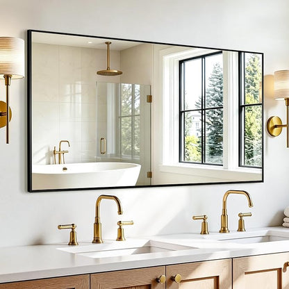 Rectangular Bathroom Mirror, 60"x30" Black Metal Framed Vanity Mirror | HD Shatterproof Wall Mirror, Horizontal or Vertical Hanging, Easy Installation for Bathroom, Bedroom, Living Room, Entryway