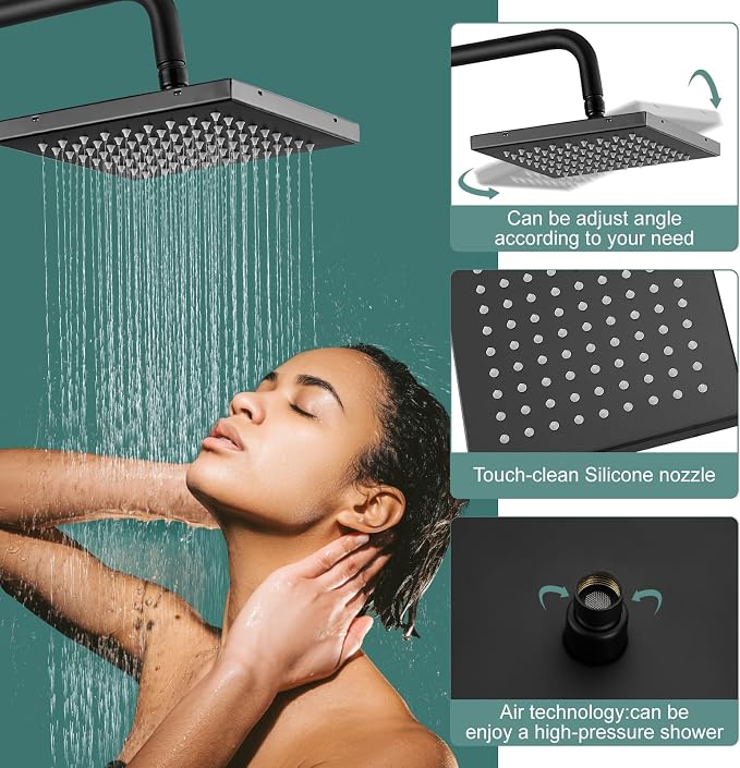 Heyalan 8-Inch Exposed Shower System with Handheld, Tub Spout, Matte Black | 3-function exposed shower system with 8-inch rainfall head, handheld shower, tub spout, adjustable slide bar, 1.8 GPM