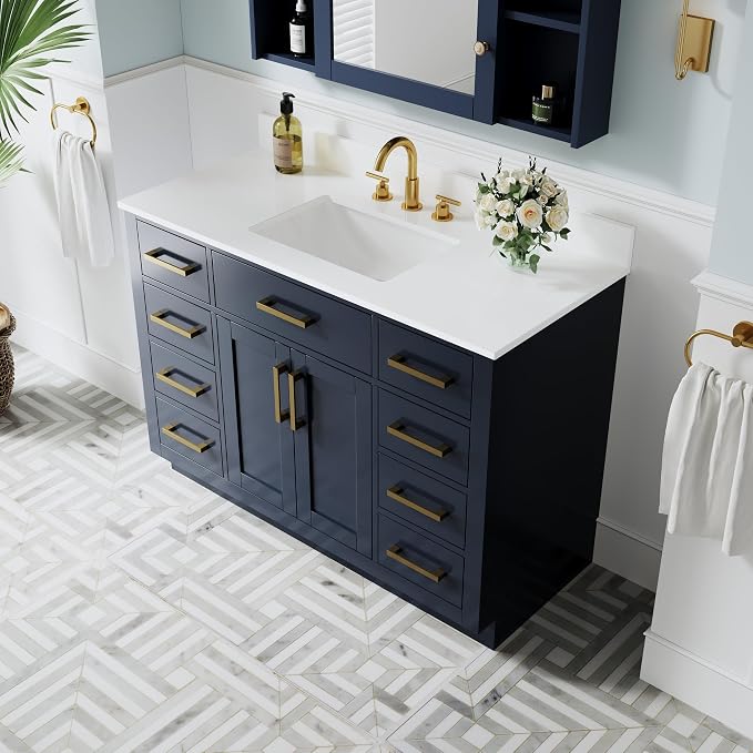 48-Inch Bathroom Vanity with Sink W/ 2 Doors & 8 Drawers & 1 Flip Drawer, Navy Blue Vanity W/Brushed Gold Handles