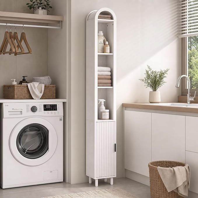 Narrow Bathroom Storage Cabinet Set, Tall Arched Small Wood Cabinet, Slim | Mid Century Modern White Towel Cabinet, Fluted Doors, 4 Tier Shelves, Wooden Display Cabinet for Living Room, Skinny, 2 Pcs