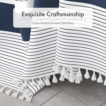 AmazerBath Boho Shower Curtain Set, Rustic Faux Linen Navy Blue Striped Shower Curtain with Hooks, Modern Farmhouse Shower Curtain with Tassels, White Base Toned, 72x72 Inches