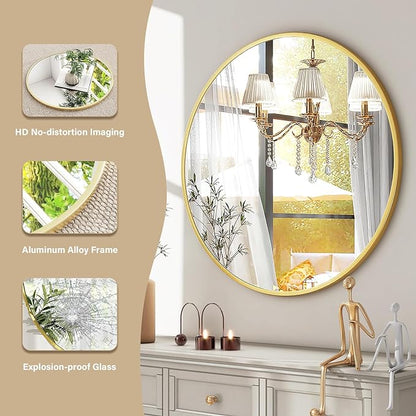 HARRITPURE 24 Inch Round Mirror Gold Circle Bathroom Mirror | Modern Aluminum Alloy Frame Wall Mounted Vanity Mirror for Living Room, Bedroom, Entryway