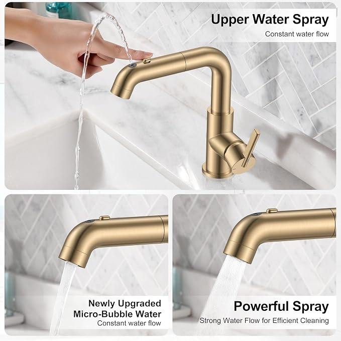 Champagne Bronze Pull Down Bathroom Faucet 1 Handle Vanity Faucet | Pull Out Bathroom Faucet with Pop Up Drain & 6 Inch Deck Plate, Lead-Free cUPC & NSF Certified, 1 Hole Faucet for Vanity RV