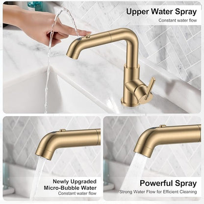 Champagne Bronze Pull Down Bathroom Faucet 1 Handle Vanity Faucet | Pull Out Bathroom Faucet with Pop Up Drain & 6 Inch Deck Plate, Lead-Free cUPC & NSF Certified, 1 Hole Faucet for Vanity RV