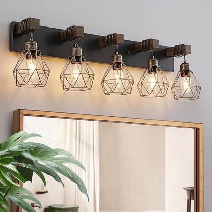 VbiTmn Black Gold Bathroom Light Fixtures, 5-Light Farmhouse Vanity Light | Wood Vanity Lights, Rustic Wall Mount Over Mirror for Bedroom & Hallway, Easy to Install, Sturdy Build for Bathroom Use
