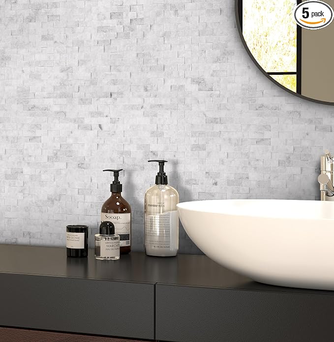 SUNWINGS 5-Sheet Peel and Stick Mosaic Natural 3D Stone Self Adhesive Marble Tiles, 10.63" x 11.22" Stick on Backsplash for Kitchen Bathroom Fireplace Vanity, Mixed Gray