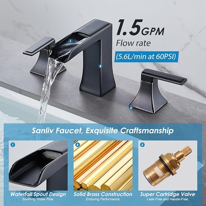 Oil Rubbed Bronze Bathroom Faucet, Sanliv 2-Handle Widespread Bathroom Faucet for 3-Hole Sinks 4-16 inch, Bronze Waterfall Vanity Faucet with Pop-Up Drain (ORB)