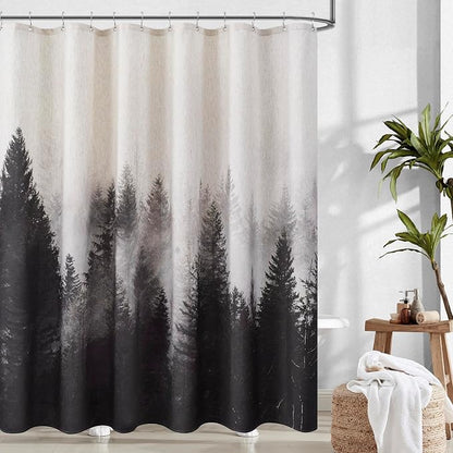 ORTIGIA Black and White Misty Forest Linen Shower Curtain Dark Nature Mountain Tree Woodland Shower Curtain Set for Bathroom Heavy Blend Fabric Curtains with 12 Metal Hooks 72x78 Inch