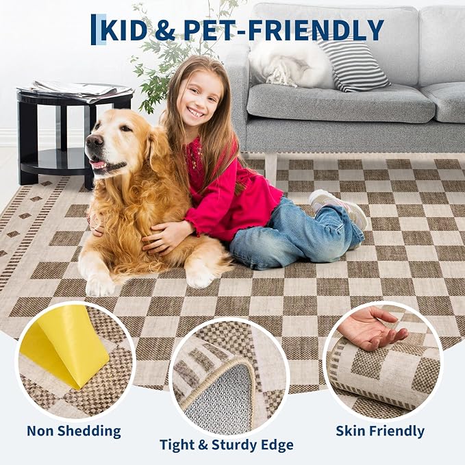 Garvee Washable 5x7 Rugs for Living Room Beige Checkered Non Slip | Low Pile Bedroom Rugs Geometric Low Pile Stain Resistant Carpet for Nursery Office Dining Room Classroom 5'x7' Beige