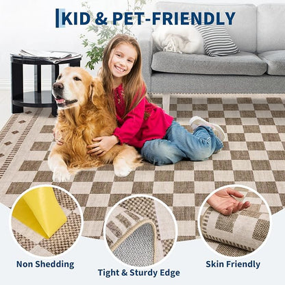 Garvee Washable 5x7 Rugs for Living Room Beige Checkered Non Slip | Low Pile Bedroom Rugs Geometric Low Pile Stain Resistant Carpet for Nursery Office Dining Room Classroom 5'x7' Beige