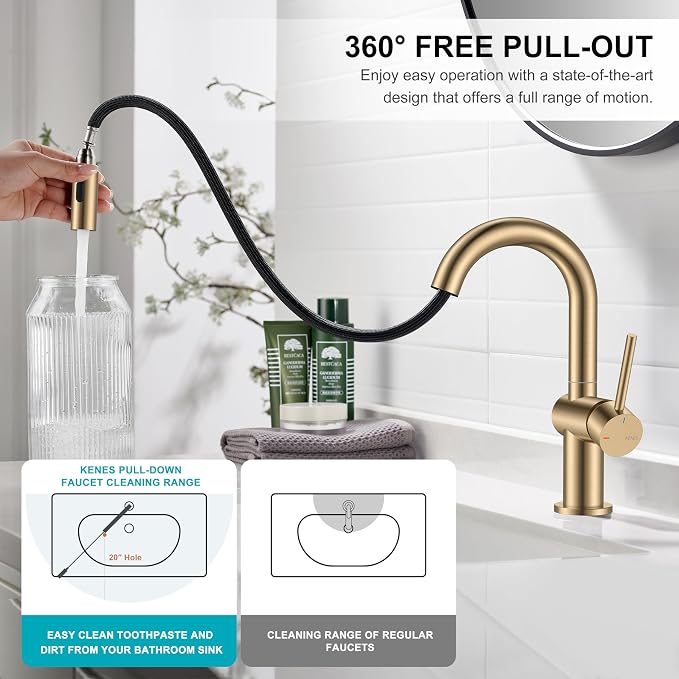 Champagne Bronze Pull Down Bathroom Faucet, 1 Handle Vanity Faucet | Bathroom Sink Faucet with Pop Up Drain & 6 Inch Deck Plate, Lead-Free cUPC & NSF Certified, 1 Hole Faucet for Vanity RV Bar