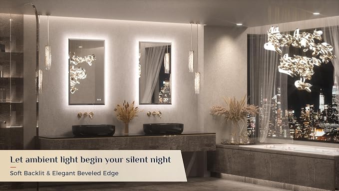 Keonjinn 24"x40" LED Mirror for Bathroom, Backlit Mirror with Beveled Edge | Safe Tempered Glass, Auto-OFF Defogging, Dimmable 3 Color Lights, Vertical/Horizontal, Lighted Mirrors for Bathroom Wall