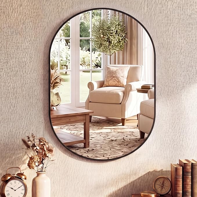 Sweetcrispy Oval Bathroom Wall Mirror, Vanity Mirror, 20x30 Inch | Metal Frame Tempered Glass, Over Sink Living Room, Bedroom Entryway Hang, Horizontal or Vertical, Black