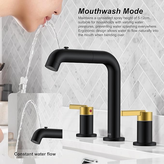 KENES Black and Gold Pull Out Widespread Bathroom Faucet 3 Hole, 8 Inch 2 Handle Bathroom Sink Faucet with Pull Out Sprayer, Vanity Faucet with Pop Up Drain & Supply Lines LJ-9058A-BG