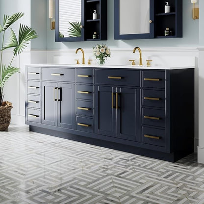 84-Inch Bathroom Vanity with Double Sinks W/ 4 Doors & 12 Drawers & 2 Flip Drawers, Navy Blue Vanity W/Brushed Gold Handles