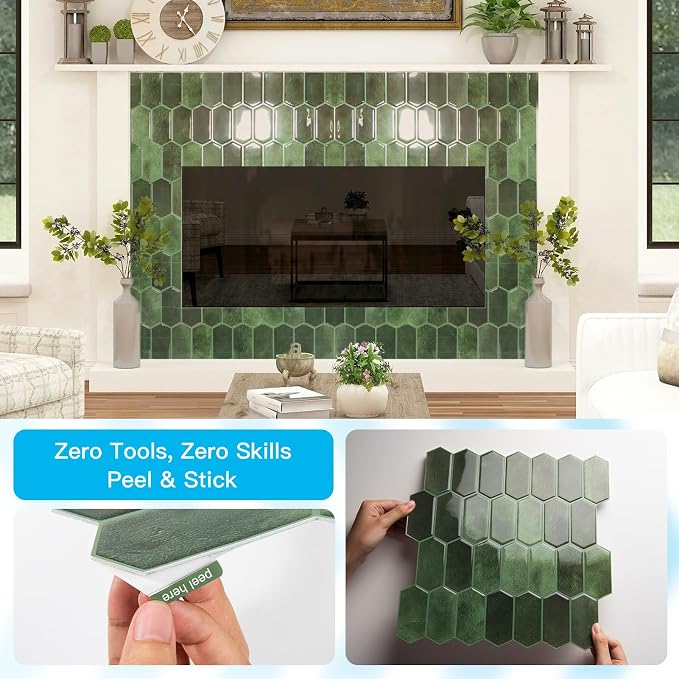 Art3d Hexagon Tile Peel and Stick Backsplash, 10-Pack, 12 x 12 Inch, Green | Superior Thickness, Reliable Adhesion, Warp Resistant, Minimalist Style, Easy to Install, for Kitchen Countertops, Bedroom