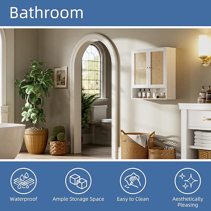 HITNET Rattan Wall Cabinet, Bathroom Hanging Storage Cupboard Over The Toilet, Space Saving Medicine Cabinet with Adjustable Shelf, White