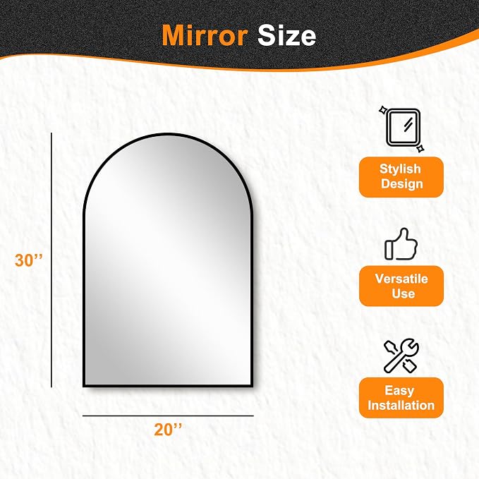 Arched Bathroom Mirror, Black, 20"x30" | Wall Mounted, Vanity Mirror, For Bedroom, Living Room and Entryway