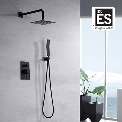 SUMERAIN Bathroom Matte Black Pressure Balance Shower System | Anti-scald, 8 Inches High Pressure Rain Shower, Brass Handheld, brass Rough-in Valve Body and Trim Included