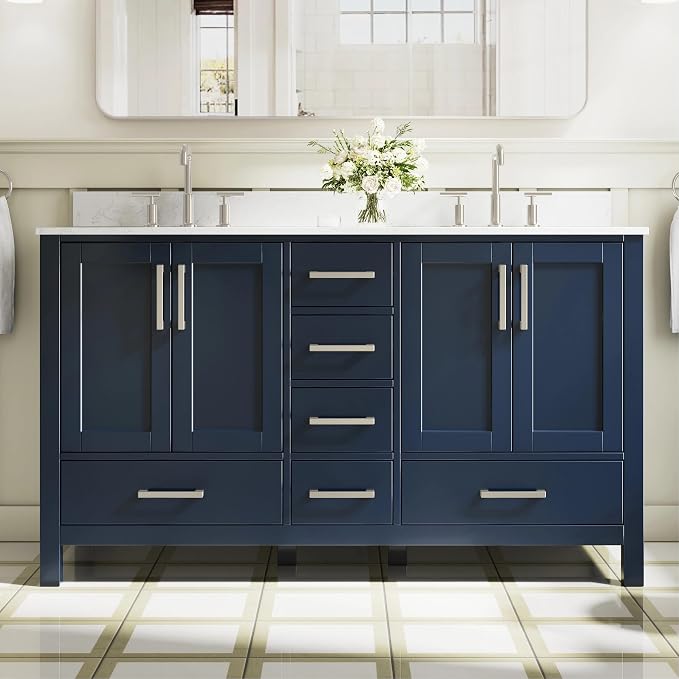 60-Inch Bathroom Vanity with Sink, 4 Soft-Close Doors and 6 Soft-Close Drawers, Bathroom Freestanding Vanity with Cultured Marble Countertop, Navy Blue Vanity with Brushed Nickel Handles