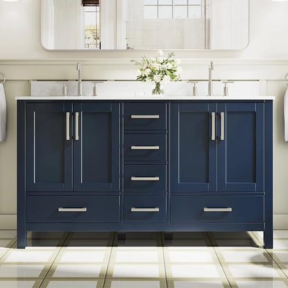 60-Inch Bathroom Vanity with Sink, 4 Soft-Close Doors and 6 Soft-Close Drawers, Bathroom Freestanding Vanity with Cultured Marble Countertop, Navy Blue Vanity with Brushed Nickel Handles