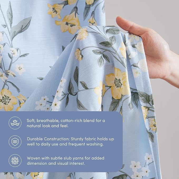 Martha Stewart Meadow Floral Extra Long Shower Curtain, 72 x 84, Blue | Adds Privacy, Machine Washable, Farmhouse, OEKO-TEX Certified, Cotton-Rich Slub Texture