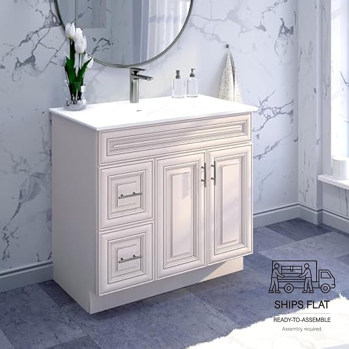 36” Antique White Bathroom Vanity Base – Ready-to-Assemble Sink Cabinet with Drawers, Raised Panel Storage, Base Only, No Top or Sink