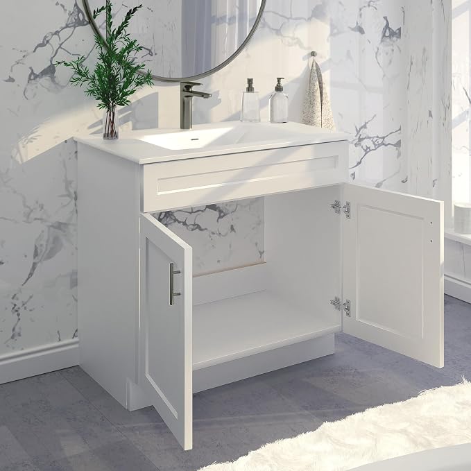 36" White Shaker Bathroom Vanity Base – Ready-to-Assemble Sink Cabinet, Freestanding Bathroom Vanity Base Only, No Top or Sink