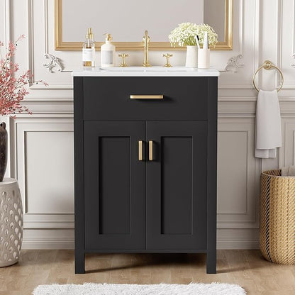 24" Bathroom Vanity with Sink, Modern Bathroom Vanity 24 Inch with Sink, 24 Bathroom Sink Vanity with Flip Drawer, Cabinet and Door Shelves, 24" Vanity with Sink for Bathroom (Black)