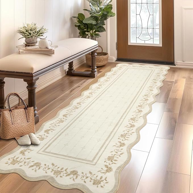 Garvee 2x6 Runner Rug Scalloped Kitchen Runner Rug Entryway Runners Ivory | Washable Non Slip Modern Bordered Foldable Thin Accent Carpet Low Pile Soft Nursery Rugs for Hallway Bathroom Bedside Laundry