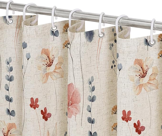 Coral Linen Watercolor Floral Fabric Shower Curtain, 72x72 | Linen Fabric, Modern Minimalist Floral Print, Machine Washable, Rustproof Grommets, for Bathroom Home
