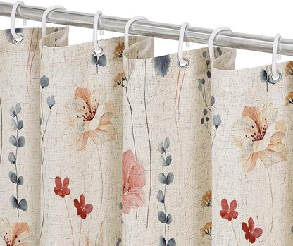 Coral Linen Watercolor Floral Fabric Shower Curtain, 72x72 | Linen Fabric, Modern Minimalist Floral Print, Machine Washable, Rustproof Grommets, for Bathroom Home