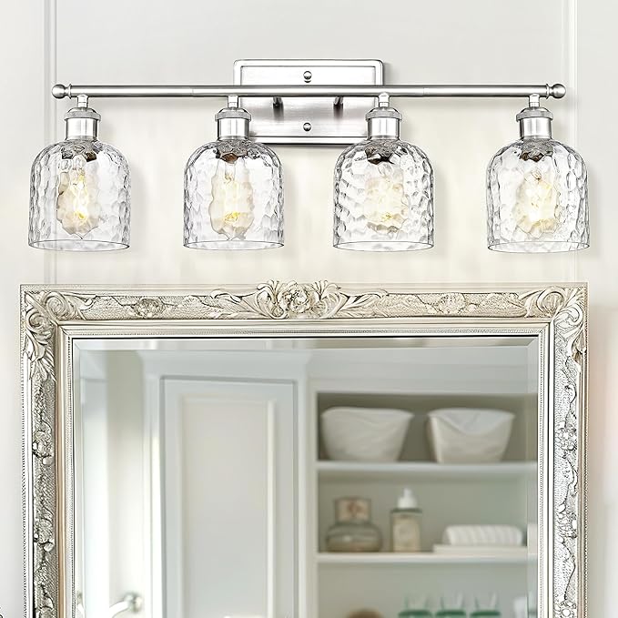 zeyu 27 Inch 4-Light Bathroom Wall Light, Brushed Nickel, ZJF63B-4W BN | Clear Hammered Glass Shade, Over Mirror Vanity Light, Modern Bathroom Lighting