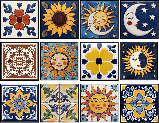 Adhesive Moroccan wall Tile Stickers 6x6in Stick on backsplash Tiles,12Pcs | high end removable&waterproof sticker tiles for kitchen RV bathroom laundry backsplash decor,Ultra-HD sun moon pattern
