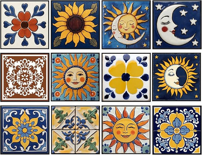 Adhesive Moroccan wall Tile Stickers 6x6in Stick on backsplash Tiles,12Pcs | high end removable&waterproof sticker tiles for kitchen RV bathroom laundry backsplash decor,Ultra-HD sun moon pattern