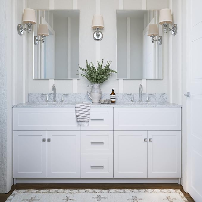 ARIEL Hamlet 72-inch Bathroom Vanity with Sink,Solid Wood, 0.75-inch Italian Carrara Marble Countertop & Backsplash, Double Oval Sink, 4 Soft Closing Doors, 3 Dovetail Drawers, White
