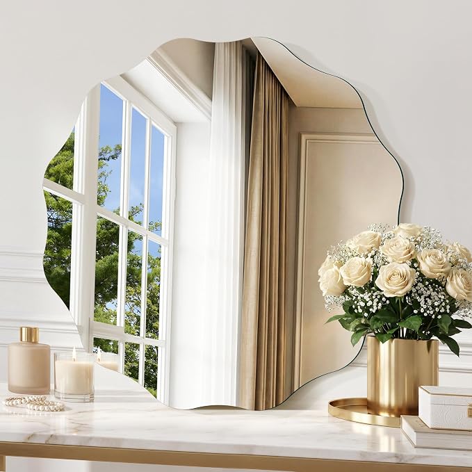 CILIBER Wavy Mirror for Wall, 20'' Scalloped Frameless Round Mirror, 3mm Tempered Glass Decorative Bathroom Vanity Mirror, Mounting/Leaning for Mantel, Living Room, Bedroom and Entryway