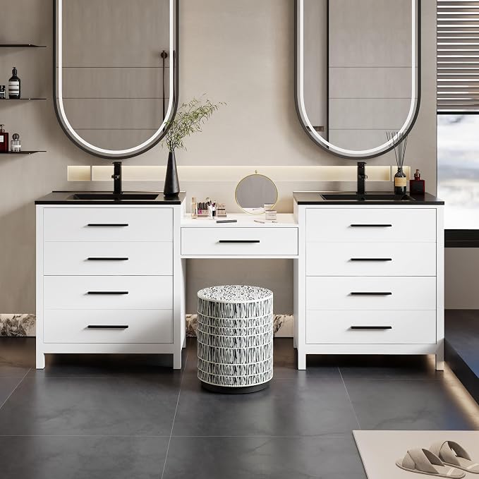 eclife 84" Bathroom Vanity Sink Combo, Modern Painted Vanities Storage Cabinet with 24" Mid Makeup Vanity Desk, 30" Dual Black Basins, Faucets & Drains, White
