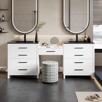 eclife 84" Bathroom Vanity Sink Combo, Modern Painted Vanities Storage Cabinet with 24" Mid Makeup Vanity Desk, 30" Dual Black Basins, Faucets & Drains, White