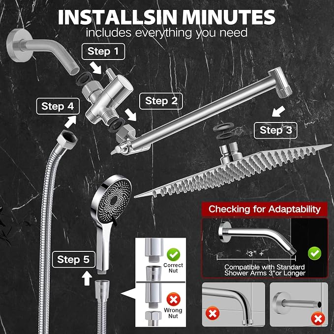 14 Inch Shower Head, Rain Shower Head with Adustable Extension Arm, Detachable Silver Rina Shower Head with Handheld Spray, High Pressure Shower Hose with Holder in Bathroom