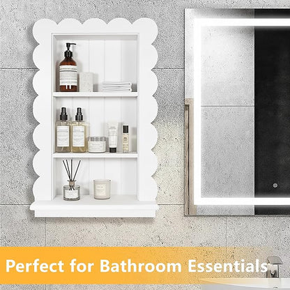 Royxen Bathroom Wall Cabinet with 3-Tier Shelves,Wooden Recessed Medicine Cabinet Over Toilet Storage Cabinet,Scalloped Large Medicine Cabinet Niche for Bathroom Storage Organizer,18 x 24 Inch, White