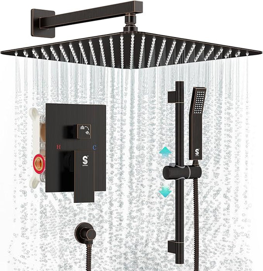 SR SUN RISE 12 Inch Oil Rubbed Bronze Shower Faucet Set, Wall-Mount Adjustable 16-Inch Slide Bar with Square Hand Shower System Included Valve and Trim Kit