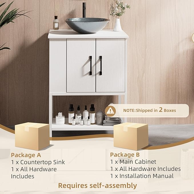 VNN Small Bathroom Vanity with Sink - 24 Inch Vanity with Sink, Freestanding Cabinet with Open Shelf, Modern Iron Wood Bathroom Cabinet with Countertop Tempered Glass Vessel, White