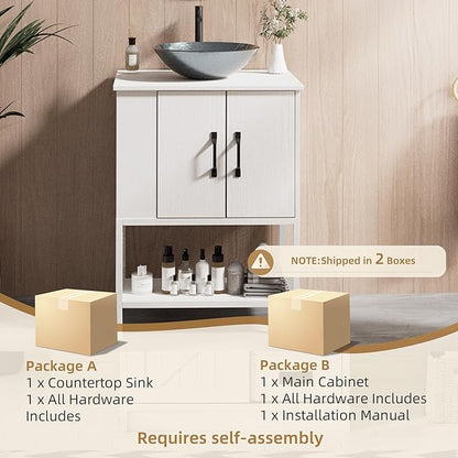 VNN Small Bathroom Vanity with Sink - 24 Inch Vanity with Sink, Freestanding Cabinet with Open Shelf, Modern Iron Wood Bathroom Cabinet with Countertop Tempered Glass Vessel, White