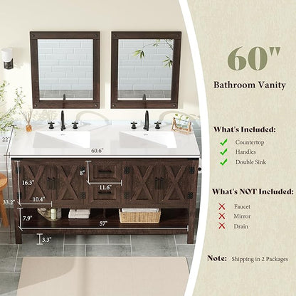 AMERLIFE 60” Farmhouse Bathroom Vanity with Double Sink, Freestanding Cabinet with 2 Drawers, 4 Barn Doors & Open Shelf, Rustic Storage for Master or Family Bathroom, Rustic Brown