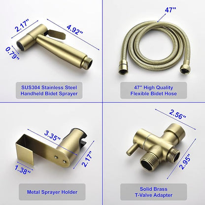 Handheld Bidet Sprayer for Toilet, Stainless Steel Baby Cloth Diaper Sprayer Kit, Bathroom Toilet Bidet Attachment Set for Bathing Pets Feminine Hygiene, Brushed Gold BDS01-3